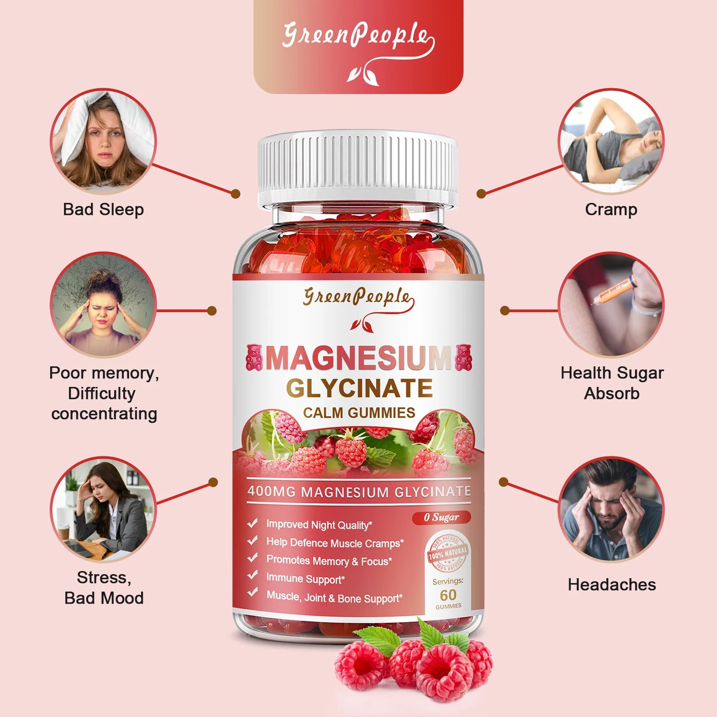 Greenpeople Magnesium Glycinate Gummies with Magnesium Malate,Vitamin D,B6 & CoQ10 for Calm Support & Sleep for Adults Raspberry