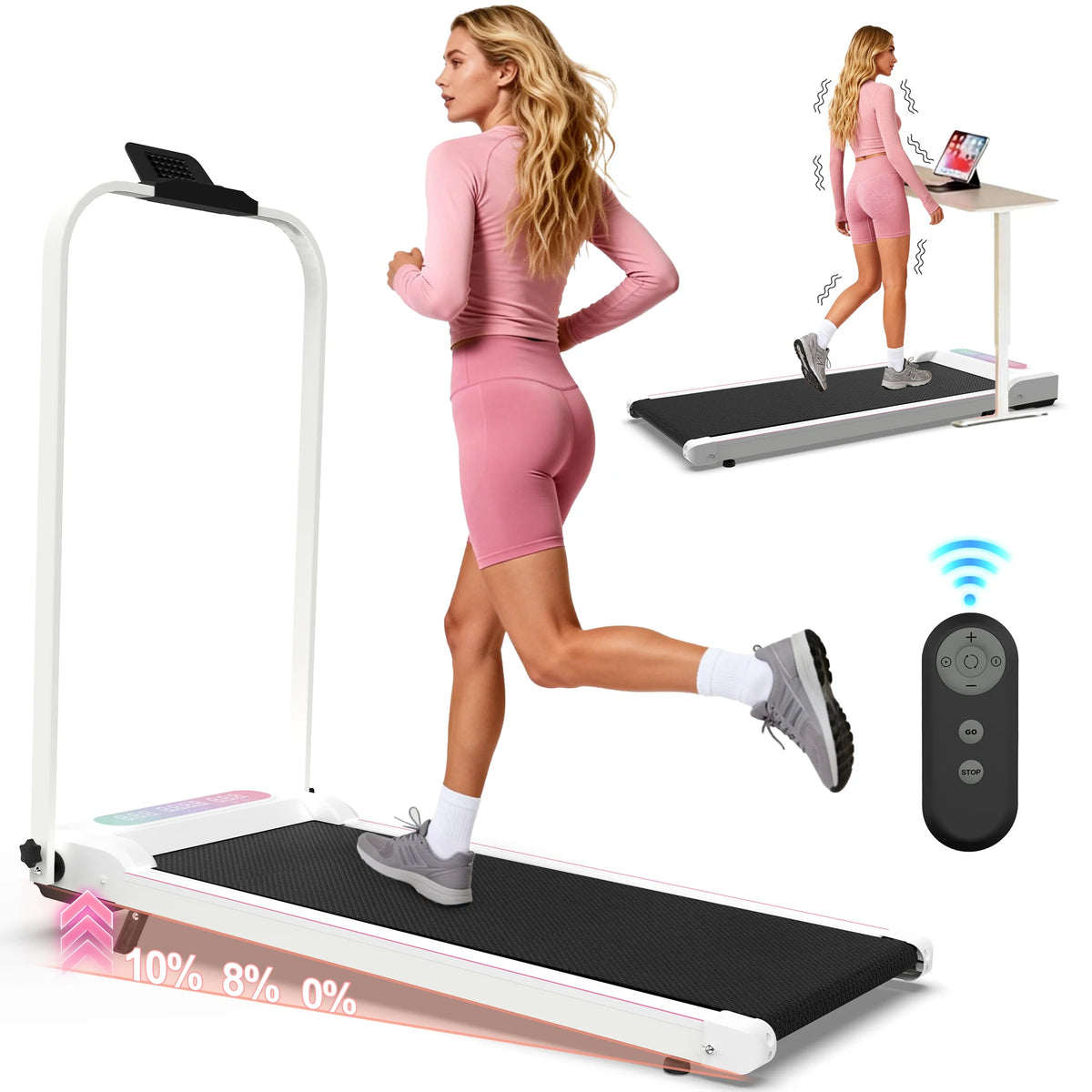 2.0HP Foldable Treadmill with Incline & Handle, 2-in-1 Under Desk Walking Pad with Vibration Plate, Portable Running Machine for Home Office Small Spaces, 300LBS Capacity