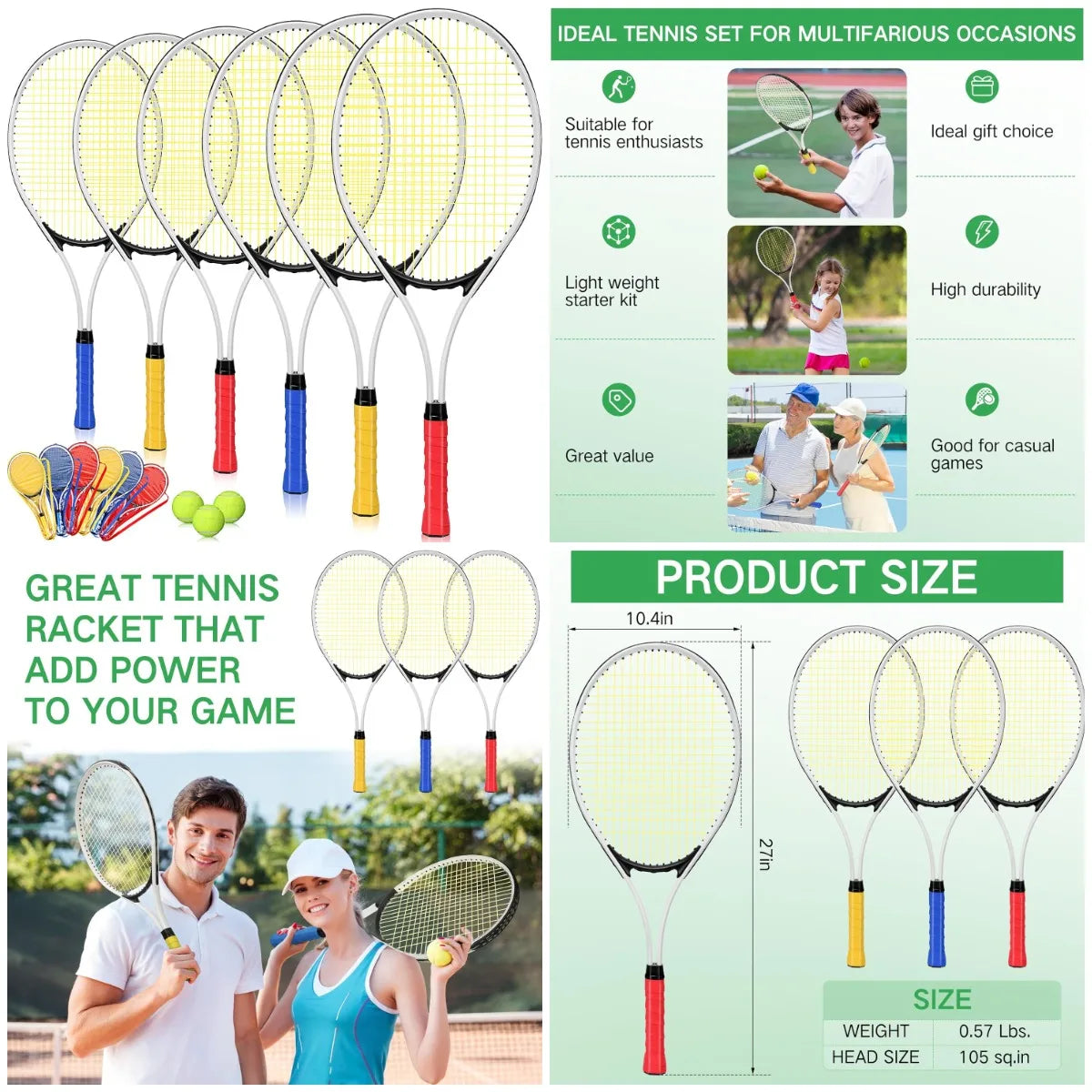 6 Pcs Tennis Rackets for Adult Recreational 6 Players 27'' Tennis Racket Set with 3 Balls Lightweight