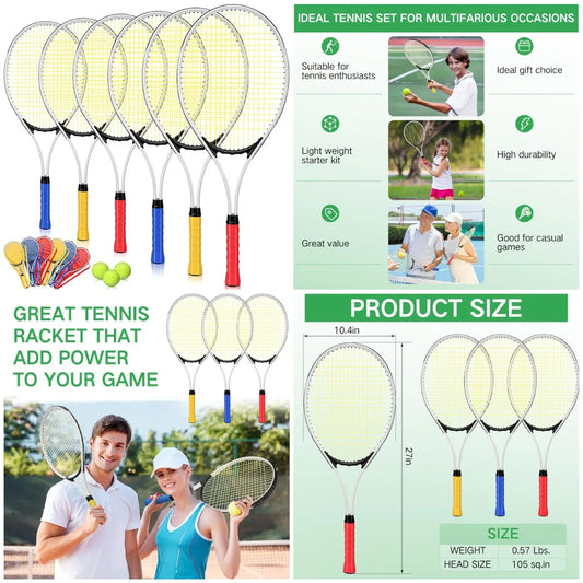 6 Pcs Tennis Rackets for Adult Recreational 6 Players 27'' Tennis Racket Set with 3 Balls Lightweight