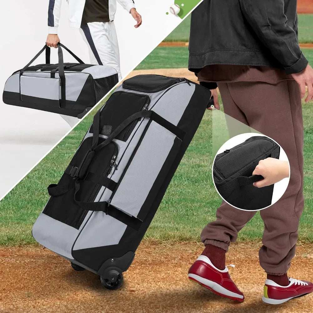 Rolling Baseball Softball Bag with Wheels for 4 Bats, Catchers Bag, Duffle Bag with Separate Shoe Space and Multiple Pockets for Gear, Gray