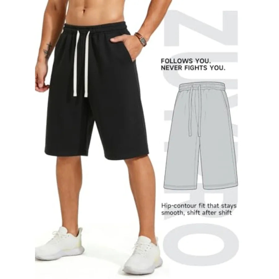Men's Baggy Sweat Shorts Cotton Long Below Knee Fleece Capri Shorts 11" Athletic Casual 3/4 Pants with Pockets