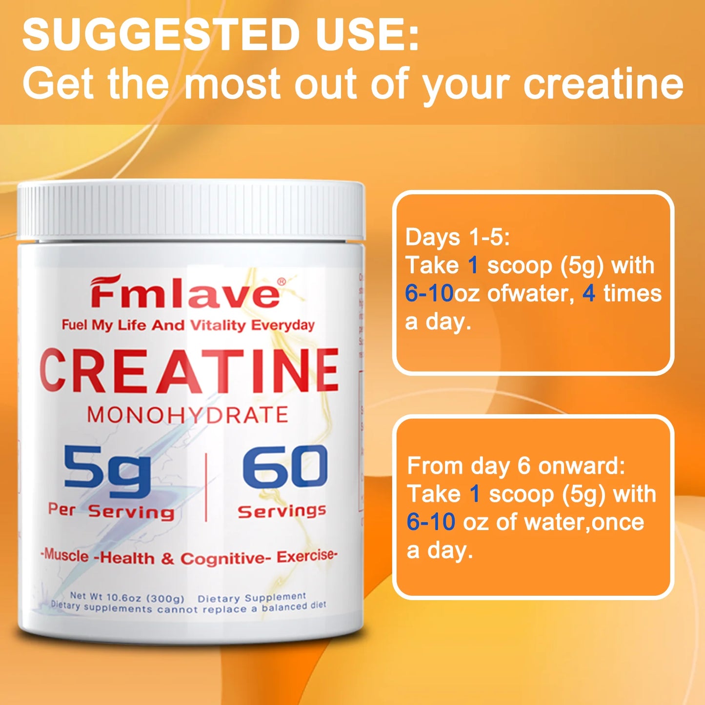 Fmlave Creatine Monohydrate Micronized Powder 300g - 60 Servings, 5000mg Per Serving (5g) - for Men & Women Muscle Growth & Recovery