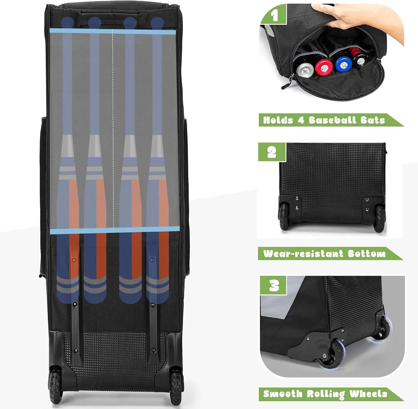 Rolling Baseball Softball Bag with Wheels for 4 Bats, Catchers Bag, Duffle Bag with Separate Shoe Space and Multiple Pockets for Gear, Gray