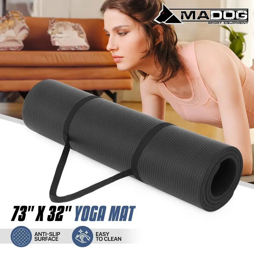 73x32 Thick Yoga Mat Floor Pad, High Density Foam Exercise Yoga Mat AntiTear With Carrying Strap, Black