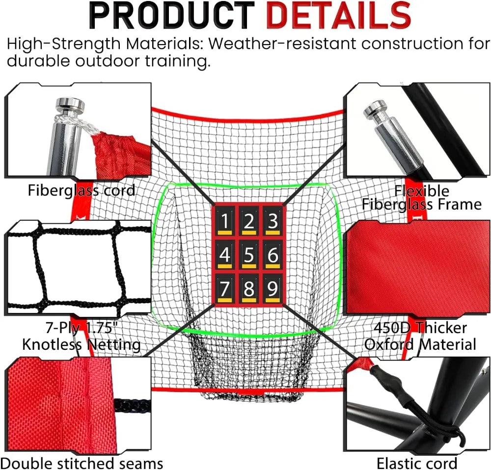 7x7 ft Baseball & Softball Practice Net with 9 Numbered Strike Zone | PRO Training Net for Hitting, Pitching & Batting | with Carry Bag, Bow Frame for All Ages & Skills