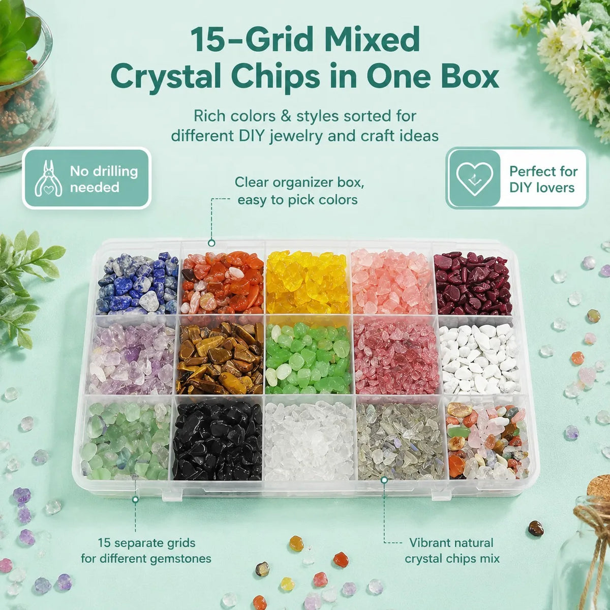 15 grid colorful crystal gravel combination, random style, crystal raw stone ore specimen, student science popularization teaching gift, crystal DIY accessories, is the best choice for holiday gifts