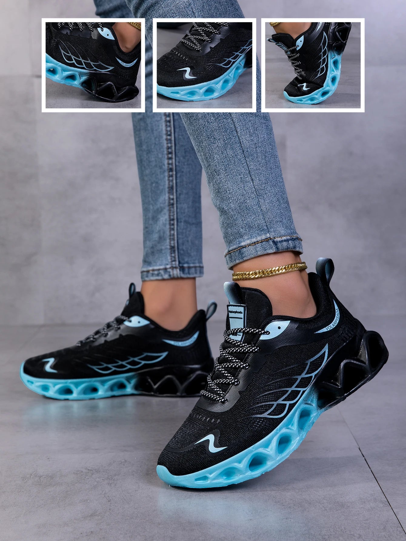 Women Gradient Mesh Running Sneakers, Breathable Hollow Shock Absorbing Blade Sole Athletic Shoes, Lightweight Fashion Non Slip Walking Sports Trainers