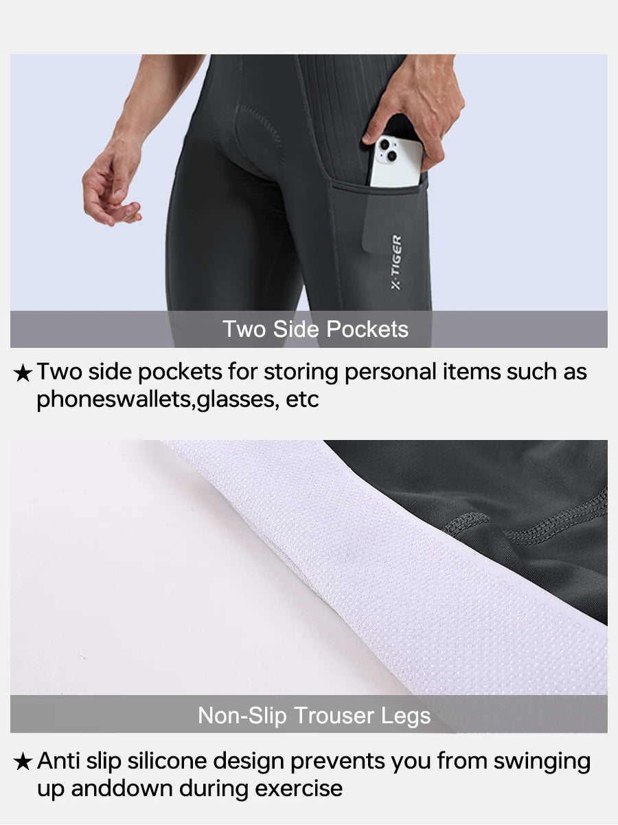 X-TIGER Men Cycling Bib Pants Anti-Slip Leg Grips 7-Hour Ride Padded Summer Riding Bike Bib Shorts with Side Pockets
