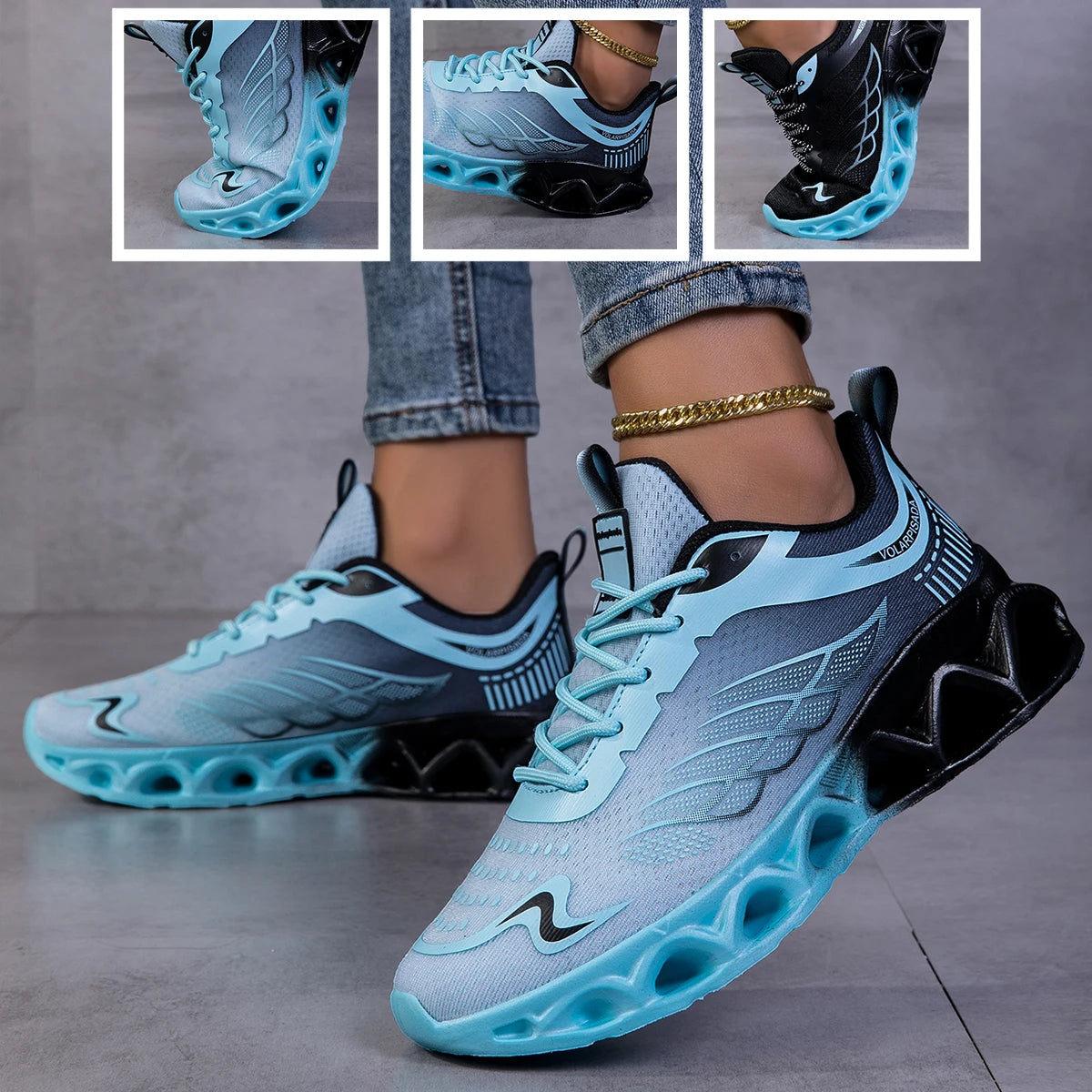 Women Gradient Mesh Running Sneakers, Breathable Hollow Shock Absorbing Blade Sole Athletic Shoes, Lightweight Fashion Non Slip Walking Sports Trainers