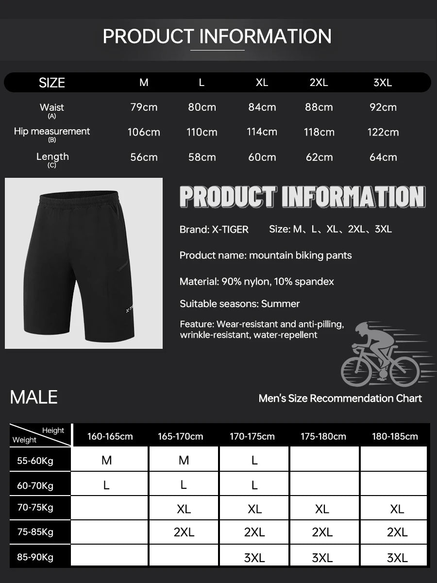 X-TIGER 2 in 1 Cycling Shorts Double Layer Loose Casual MTB Padded Shorts Waterproof Wearproof For Mountain Off-road Urban Commute Daily Wear