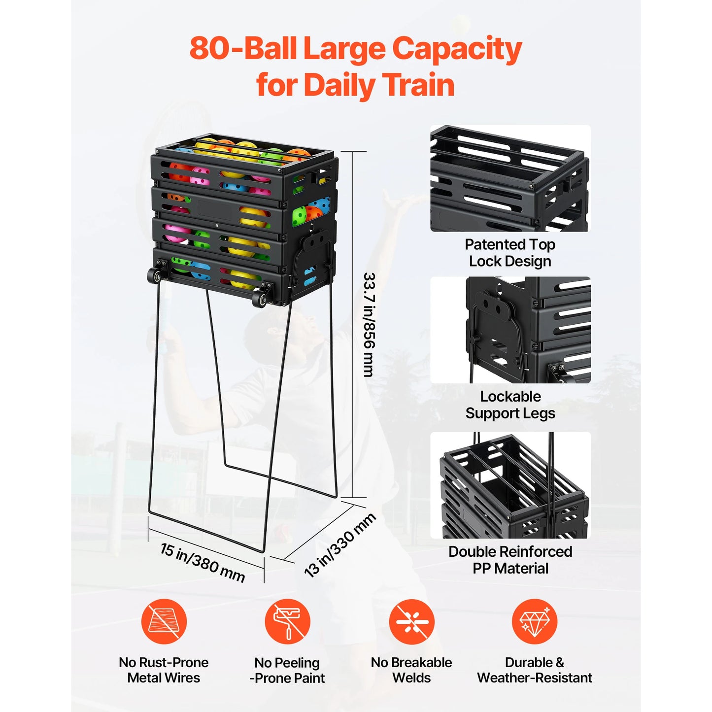 SucceBuy Tennis Ball Hopper Holds 80 Tennis Balls Portable Pickleball Collection Caddy with Wheels for Training Carrying Storage