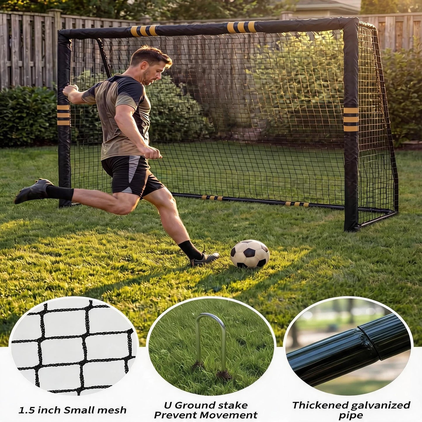 10x6.5FT Soccer Goal For Backyard Heavy Duty Galvanized Steel Soccer Net With Foam Padded Posts Ground Stakes Velcro Outdoor Training