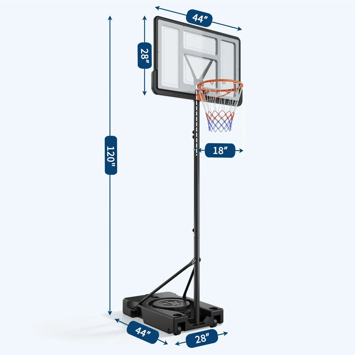 44 Inch Portable Basketball Hoop Outdoor, Adjustable 4.43-10FT Goal System With Wheels For Backyard Driveway Court Kids Adults
