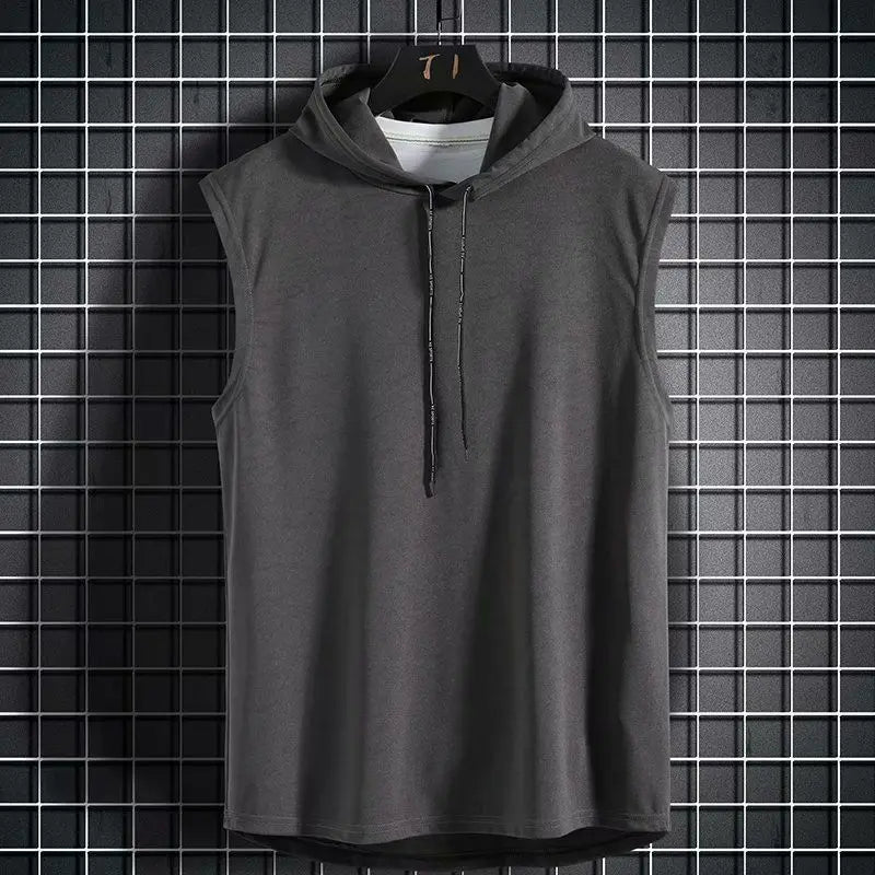 Men's lace up hooded sleeveless vest, men's summer loose solid color hip-hop T-shirt top, sports vest