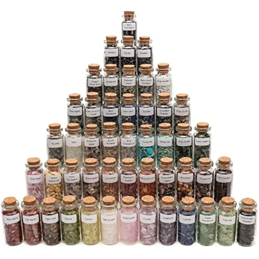 A Set of 49 Different Crystal Gemstones in Glass Bottles Chip Crystal Natural Reiki Healing Tumbled Stones Random Stuff Witchcr