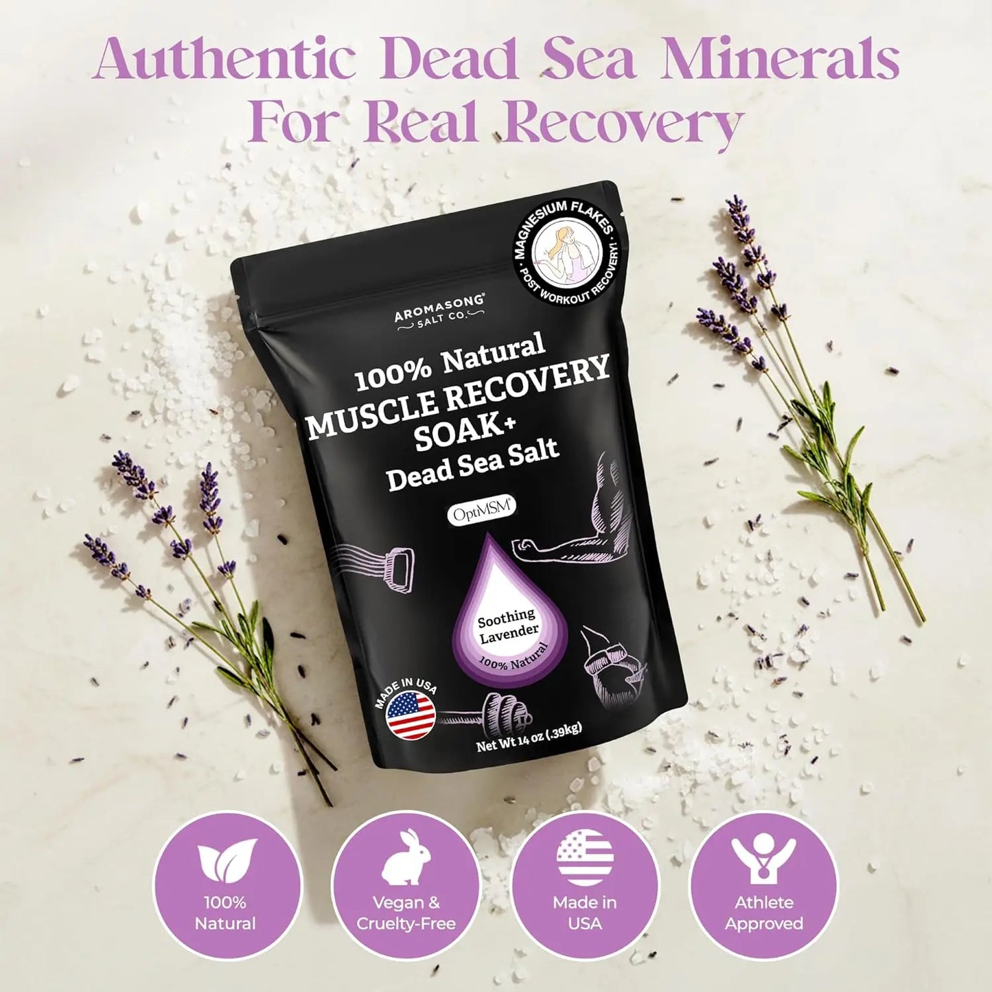Muscle Recovery Bath Soak with Dead Sea Salt, OptiMSM, Magnesium Flakes & Essential Oils for Post Workout Soreness - Made in USA