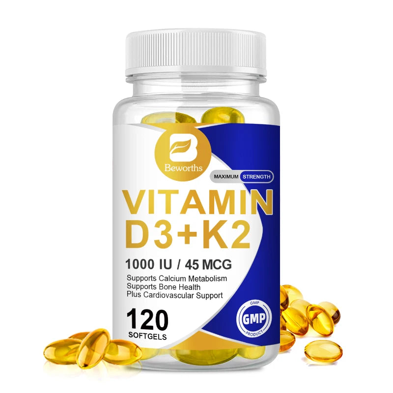 BEWORTHS Vitamin D3 & K2 Capsules Support Calcium Metabolism Absorption, Heart and Bone Health Vegan Gluten Free Strong Bone