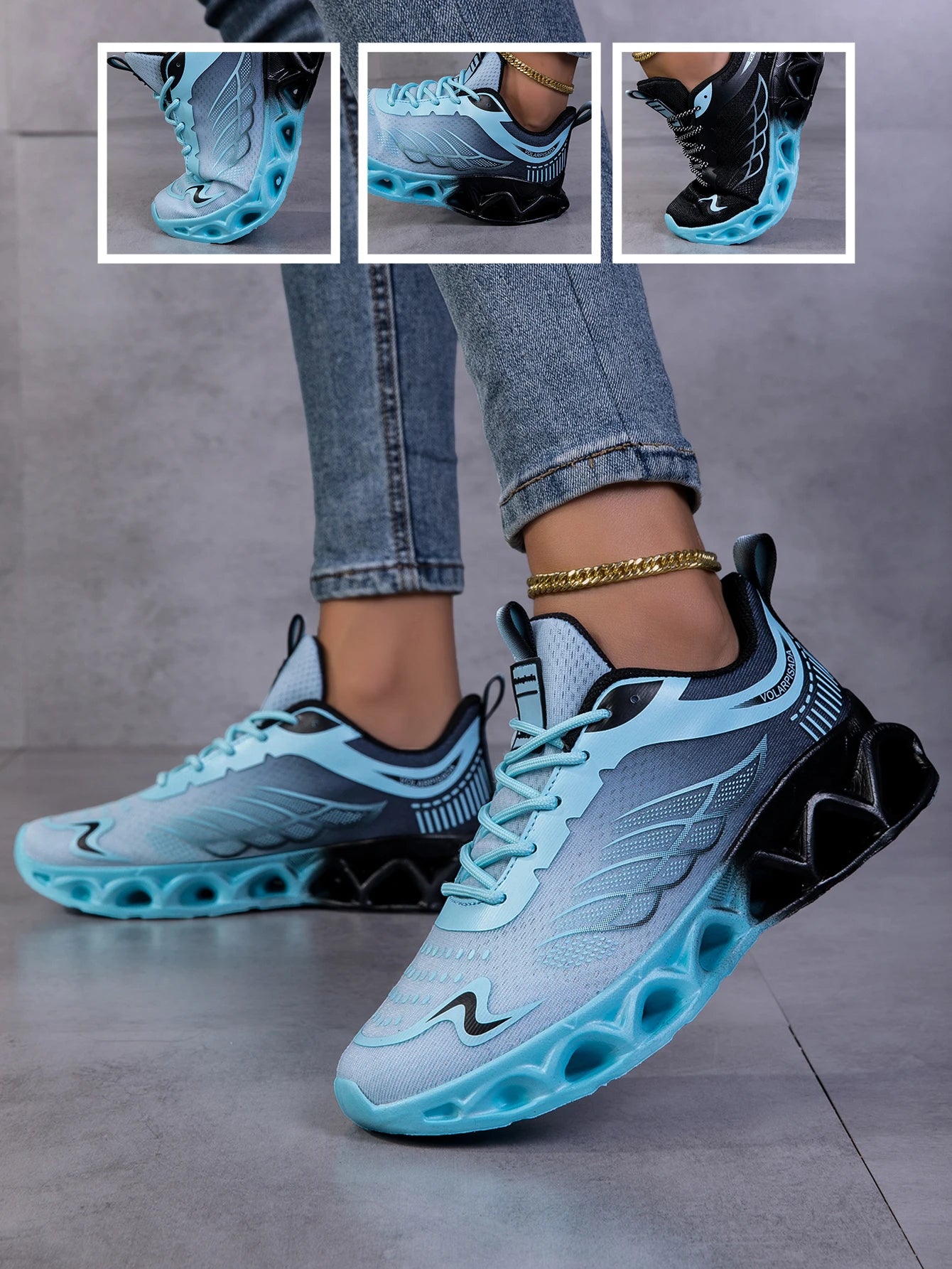 Women Gradient Mesh Running Sneakers, Breathable Hollow Shock Absorbing Blade Sole Athletic Shoes, Lightweight Fashion Non Slip Walking Sports Trainers