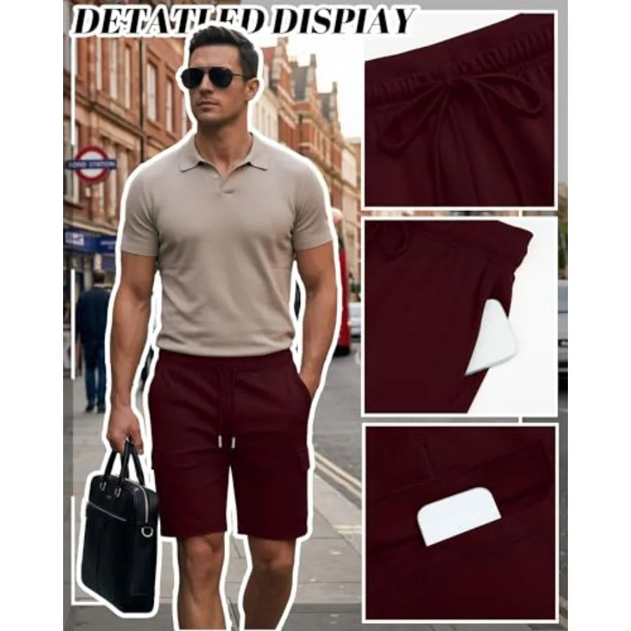 3 Pack Mens Cargo Shorts Summer Athletic 9" Sweat Shorts Drawstring Elastic Waist Bermuda Pants with 4 Pockets