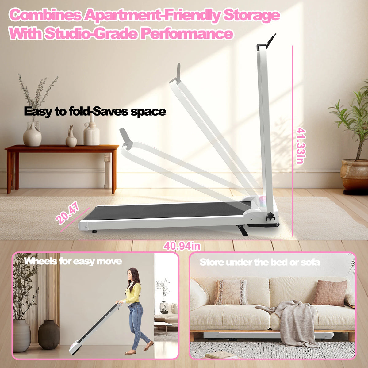 2.0HP Foldable Treadmill with Incline & Handle, 2-in-1 Under Desk Walking Pad with Vibration Plate, Portable Running Machine for Home Office Small Spaces, 300LBS Capacity