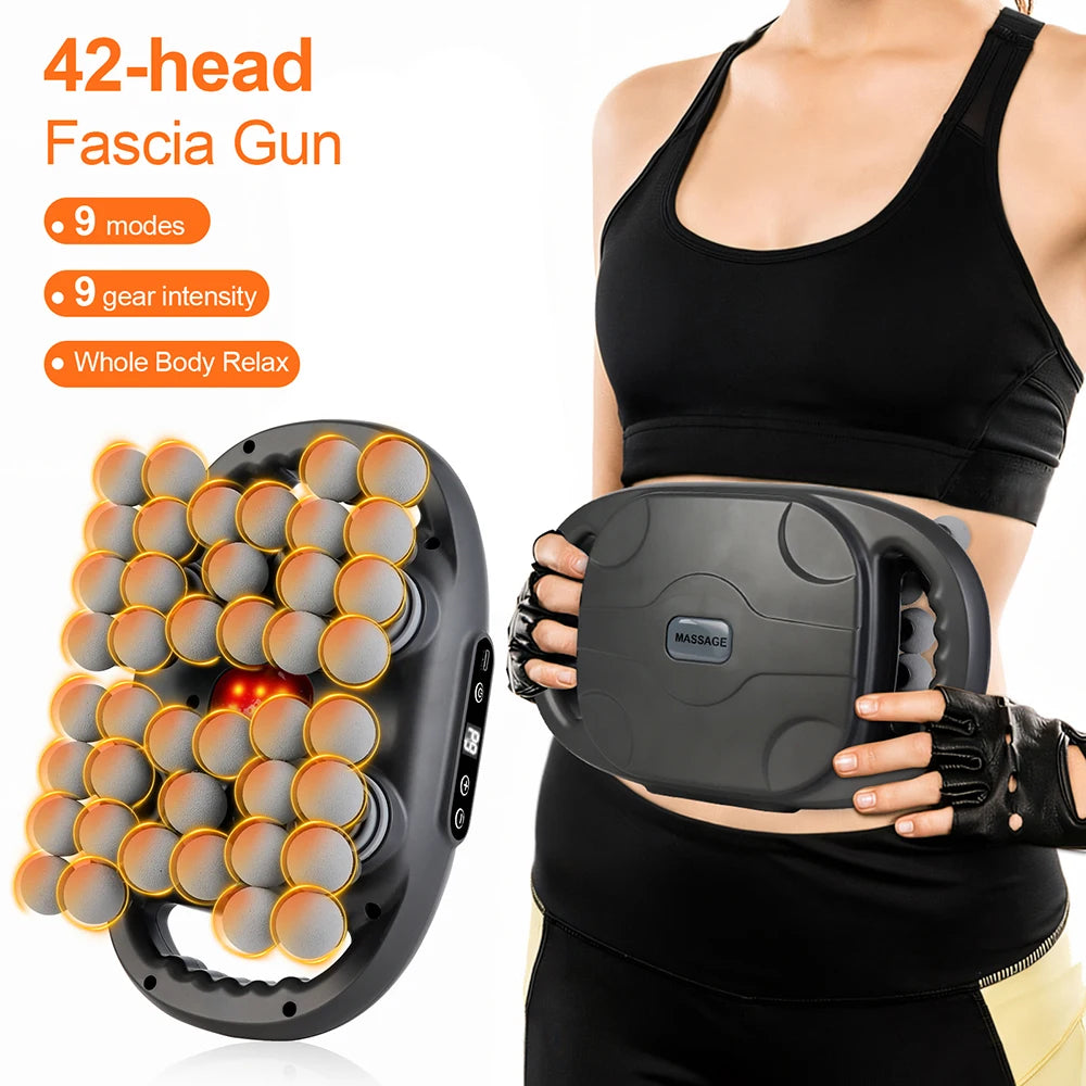 42 Heads Fascia Gun Wireless Vibration Body Massage Gun 9 Speed Red Light Deep Tissue Muscle Relax Massager for Gym Office Home