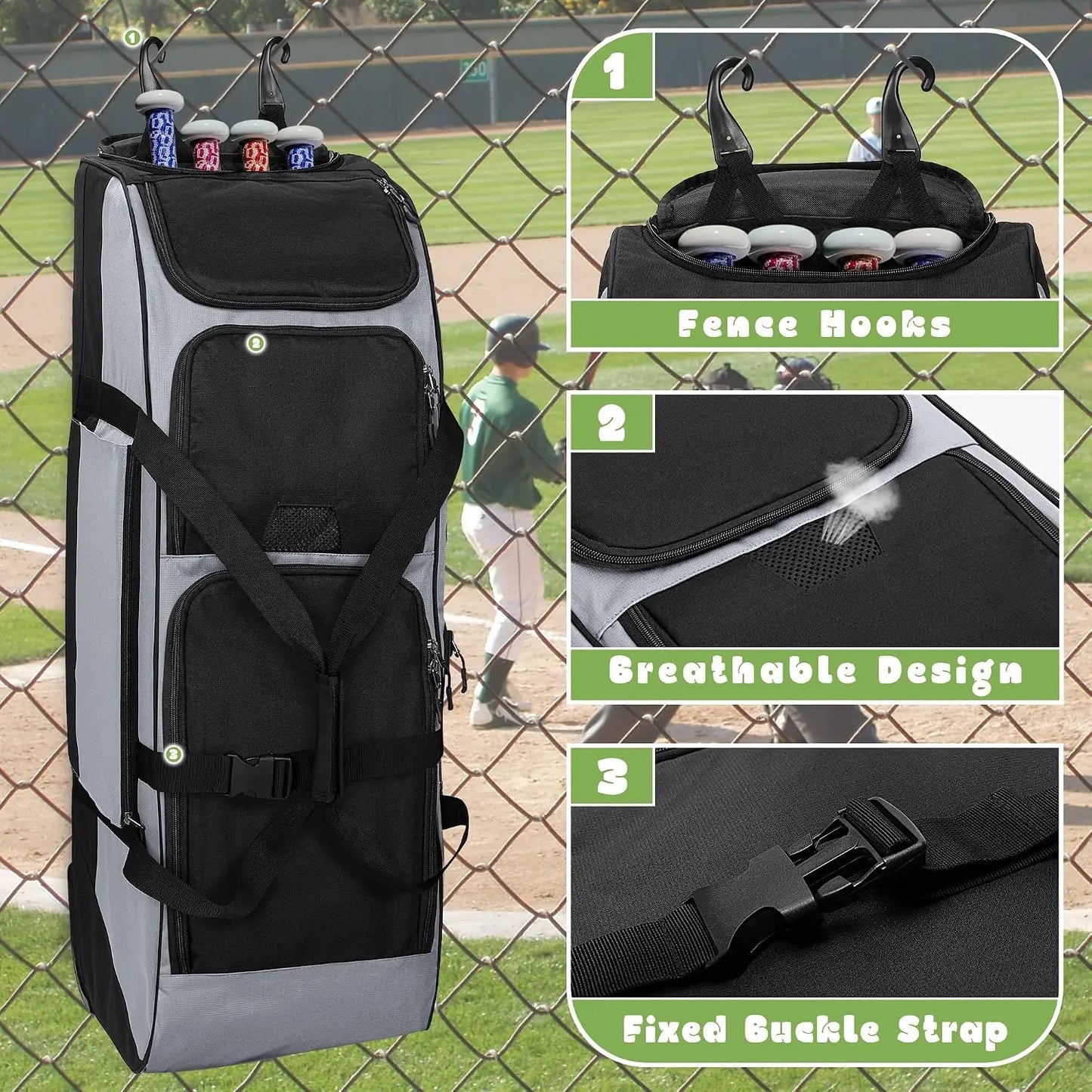 Rolling Baseball Softball Bag with Wheels for 4 Bats, Catchers Bag, Duffle Bag with Separate Shoe Space and Multiple Pockets for Gear, Gray