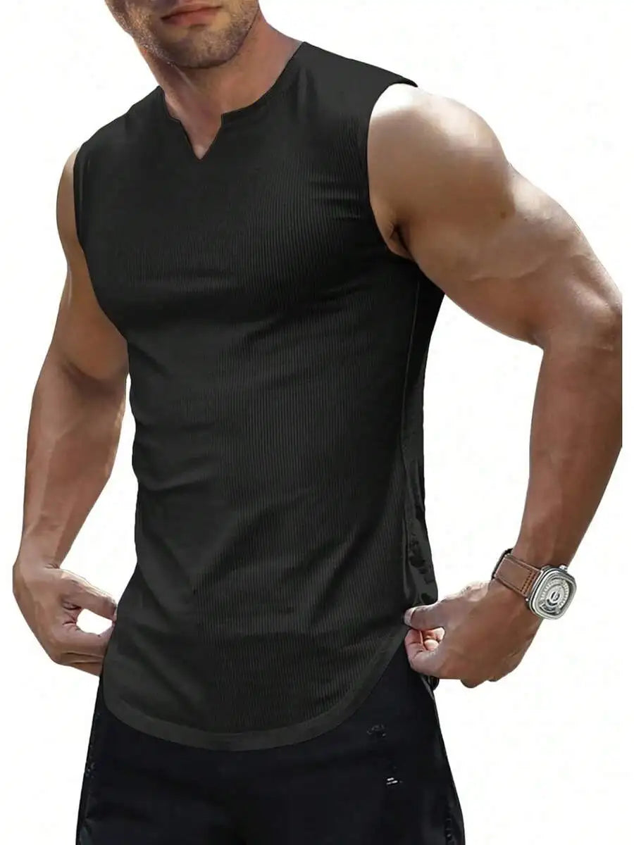 Mens Ribbed Knitted Tank Top Sleeveless Fitness Gym T-Shirt