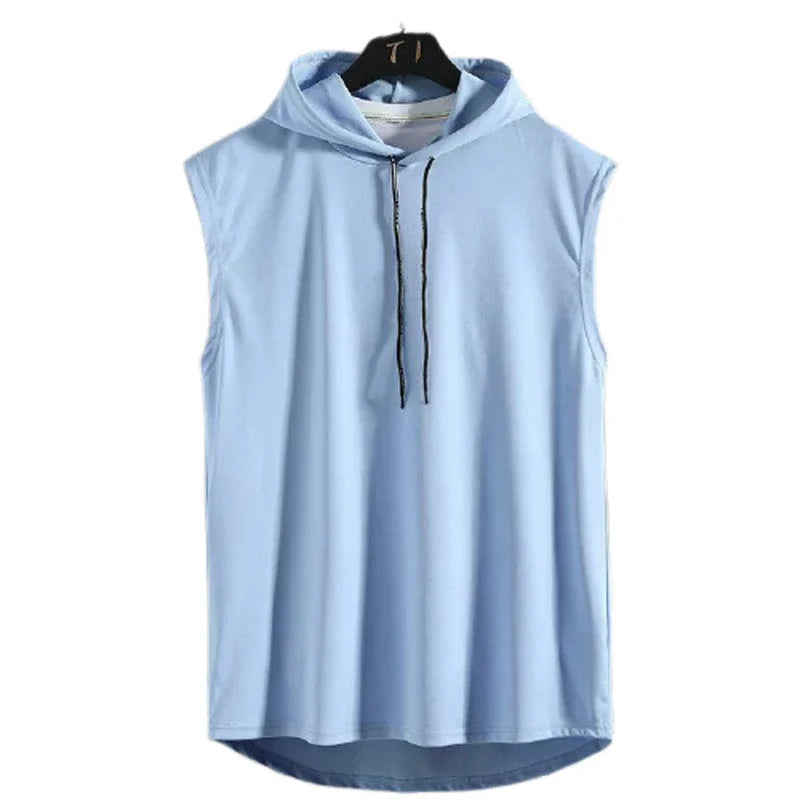 Men's lace up hooded sleeveless vest, men's summer loose solid color hip-hop T-shirt top, sports vest
