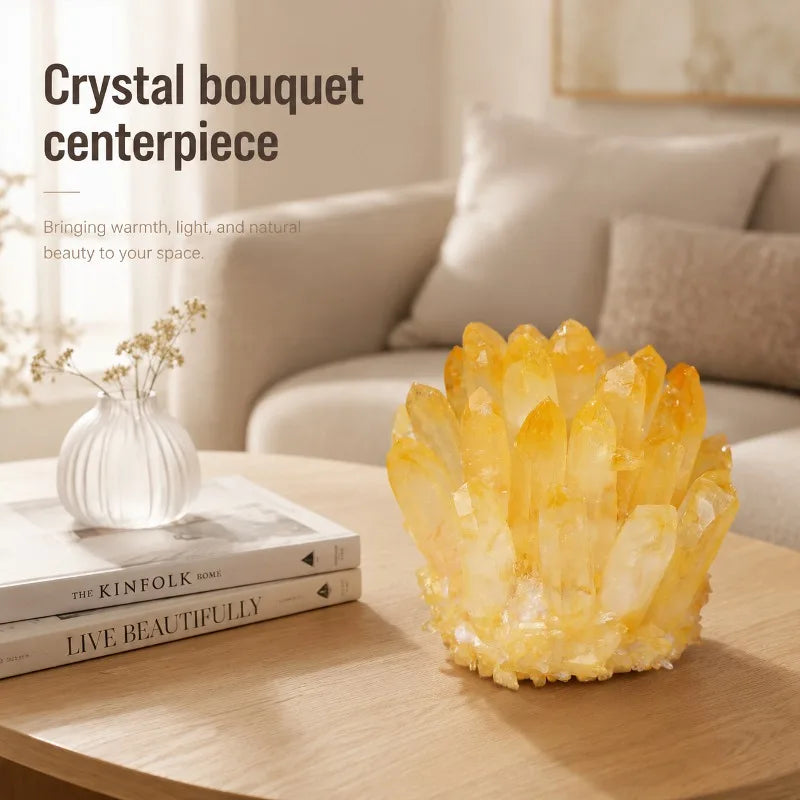 1 fashionable yellow crystal quartz cluster, with random styles, perfect for home and desktop decoration. It uses small prickly hairs and imitation cactus to decorate flowers, making it the perfect gift for holidays and birth