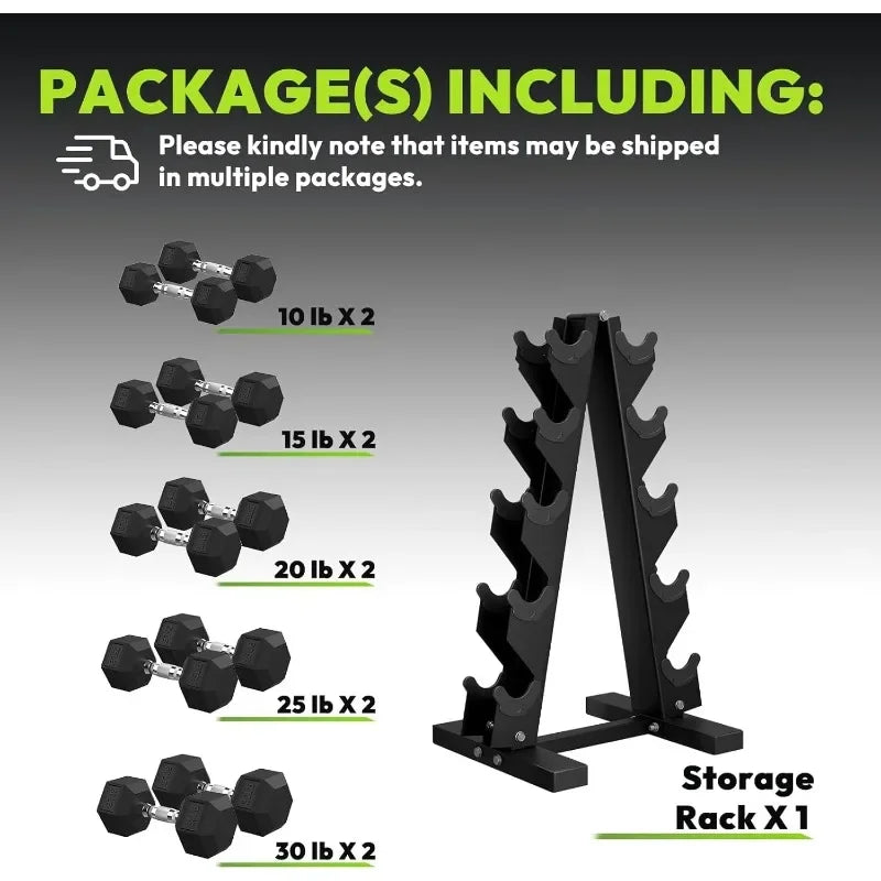 HANDBODE Rubber Coated Hex Dumbbell Set with A-Frame Rack, 100 lb - 550 lb Multiple Options Weight, Hexagon Non