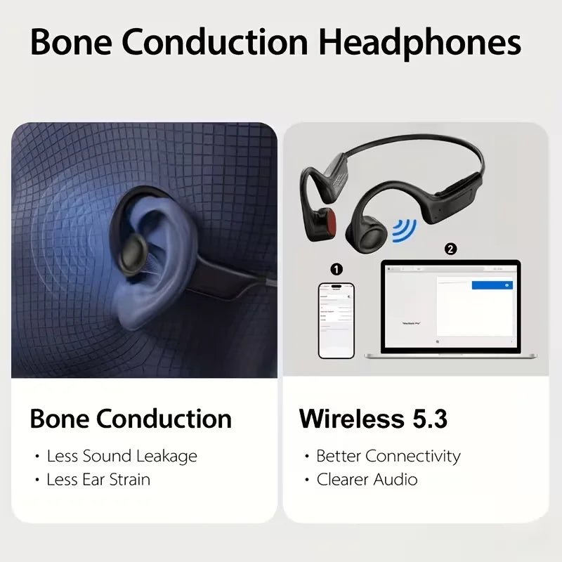Open-ear Bone Conduction Headphones, Wireless Ear-hook Sports Headset with Microphone, 16 Hours Playback, BT 5.3 Stable Connection, HiFi Stereo, Hands-free Calling for Running & Cycling