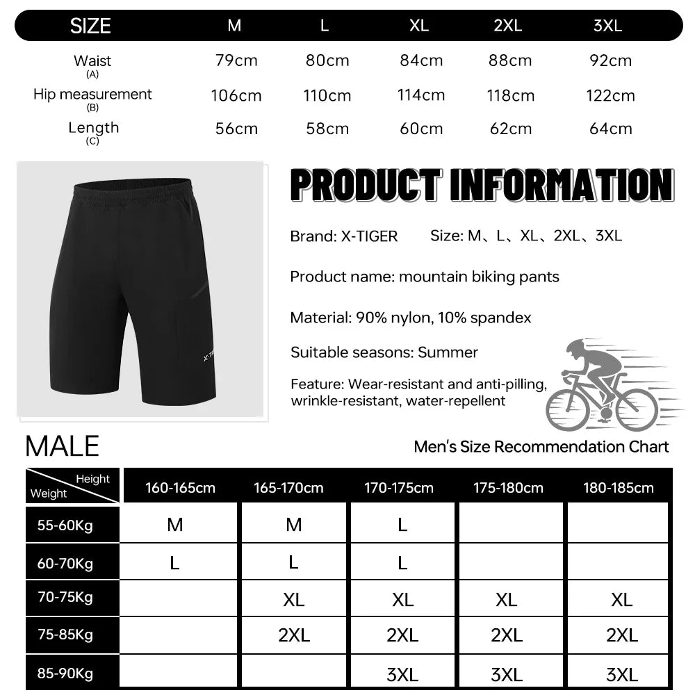 X-TIGER 2 in 1 Cycling Shorts Double Layer Loose Casual MTB Padded Shorts Waterproof Wearproof For Mountain Off-road Urban Commute Daily Wear