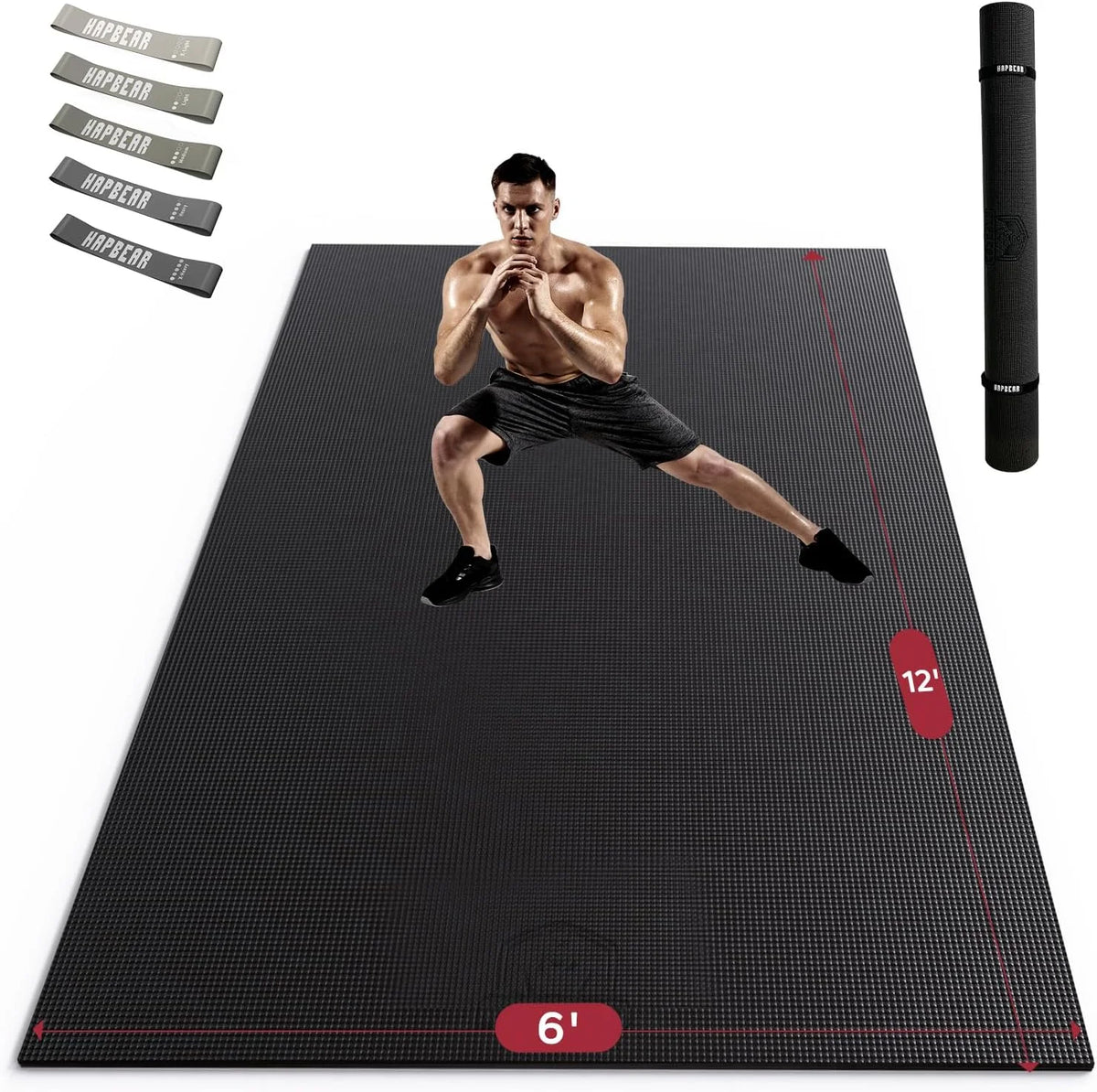 HAPBEAR 7'x5' Large Home Gym Mat 8mm Thick, High Density PVC Commercial Grade Fitness Flooring, Non Slip Shock Absorbing Durable Exercise Mat for CrossFit HIIT Cardio Strength Training, with Bands & Bag