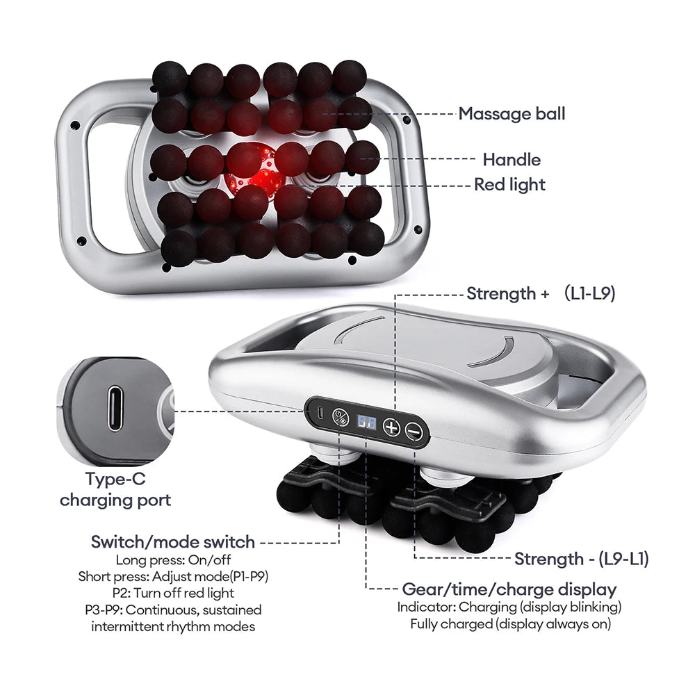 42 Heads Fascia Gun Wireless Vibration Body Massage Gun 9 Speed Red Light Deep Tissue Muscle Relax Massager for Gym Office Home