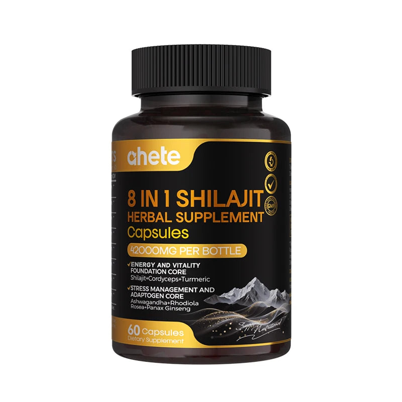 AHETE 8-in-1 Shilajit Capsules - Sports & Health Supplement Capsules With Shilajit, Indian Ginseng, Rhodiola Rosa, Cordyceps.