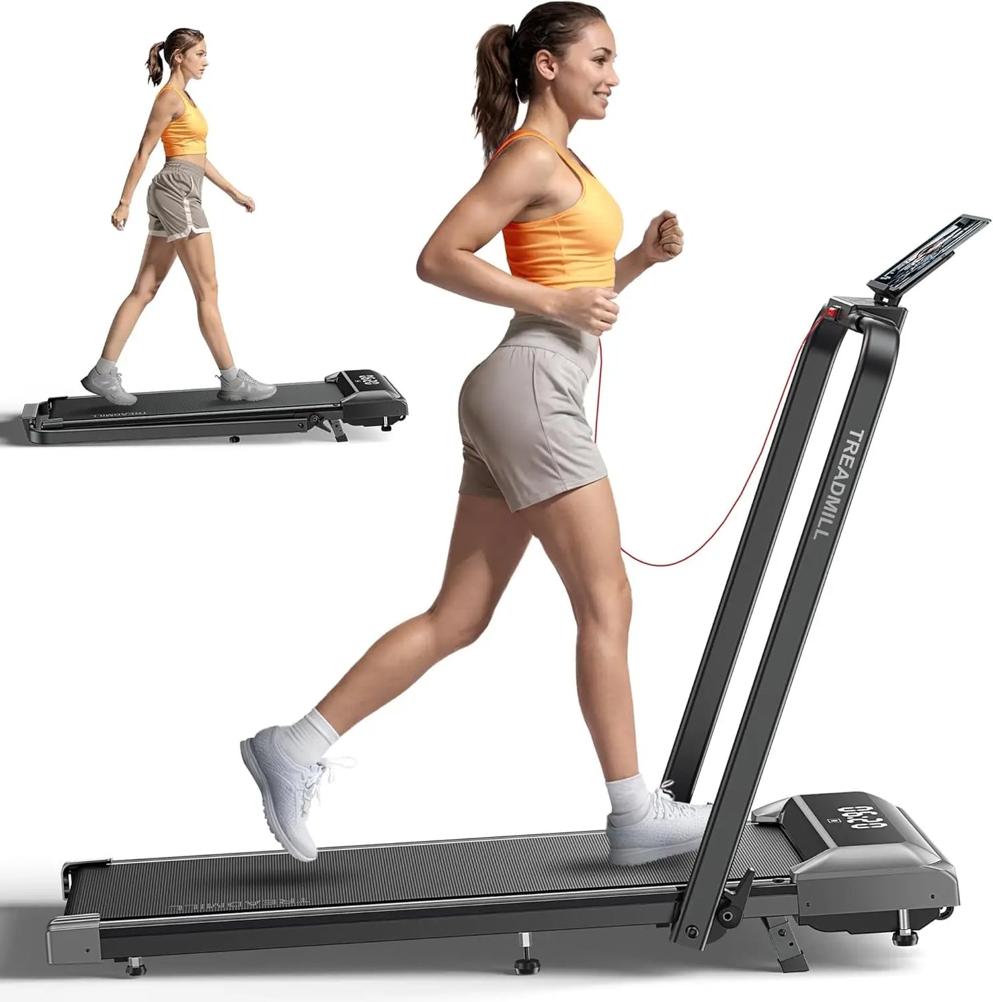 2 in 1 Foldable Treadmill with Incline, 300lbs Capacity Under Desk Walking Pad with App Remote LED Display