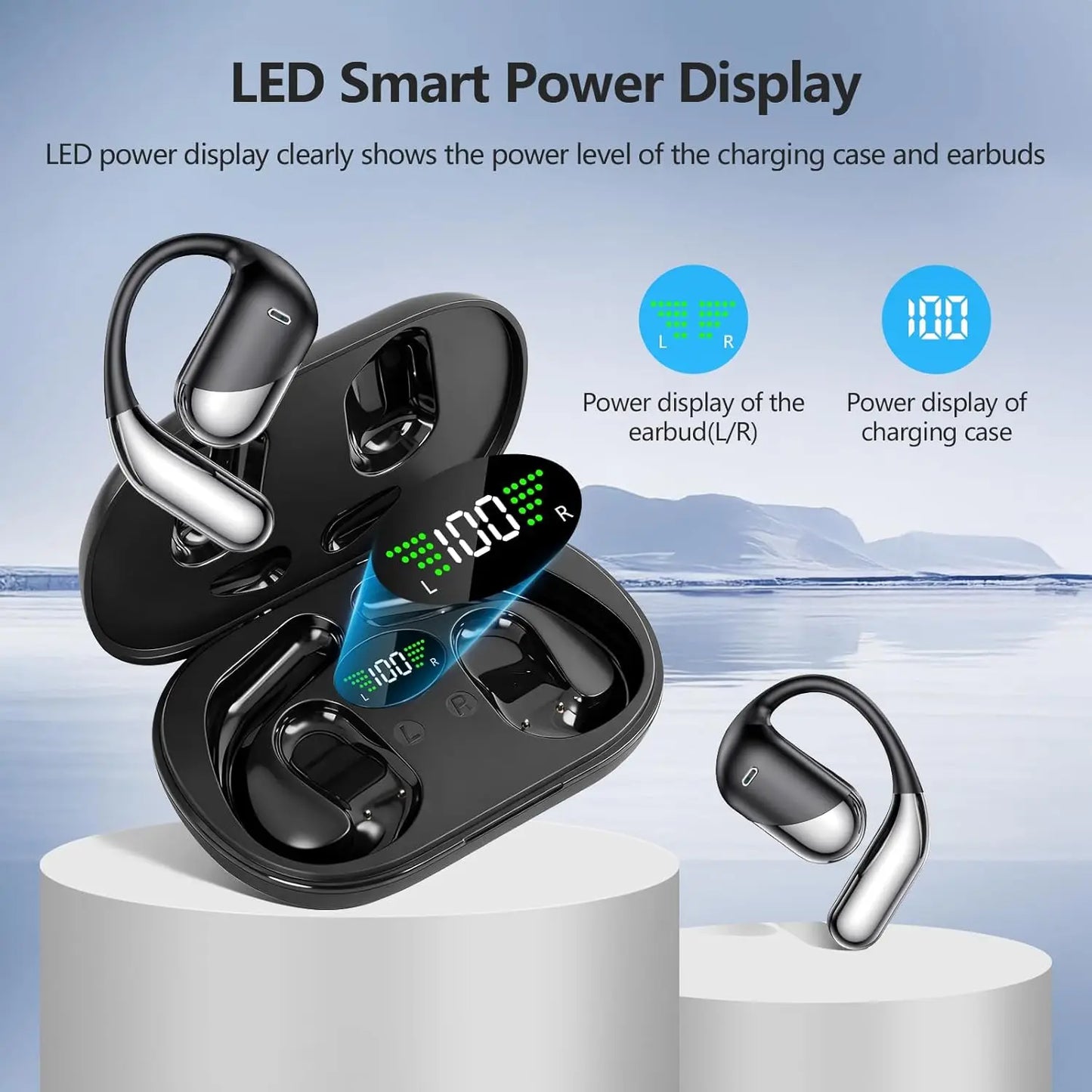 Open Ear Bone Conduction Headphones，,Over Ear Earbuds With Ergonomic Earhook,Bluetooth Headphones 5.4 With Smart Digital Display