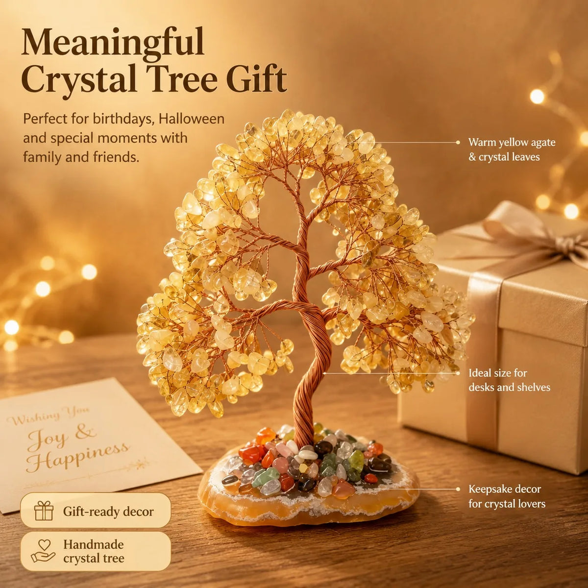 Natural high-quality yellow agate bottom crystal wealth tree, Bohemian style, suitable for home, office, living room desktop decoration, housewarming gifts, exclusive to crystal collectors