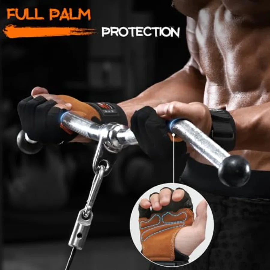 Workout Gloves, Heavy Duty Cowhide Padded Weight Lifting Gloves with Wrist Support, Full Palm Protection and Silicone Grips Gym