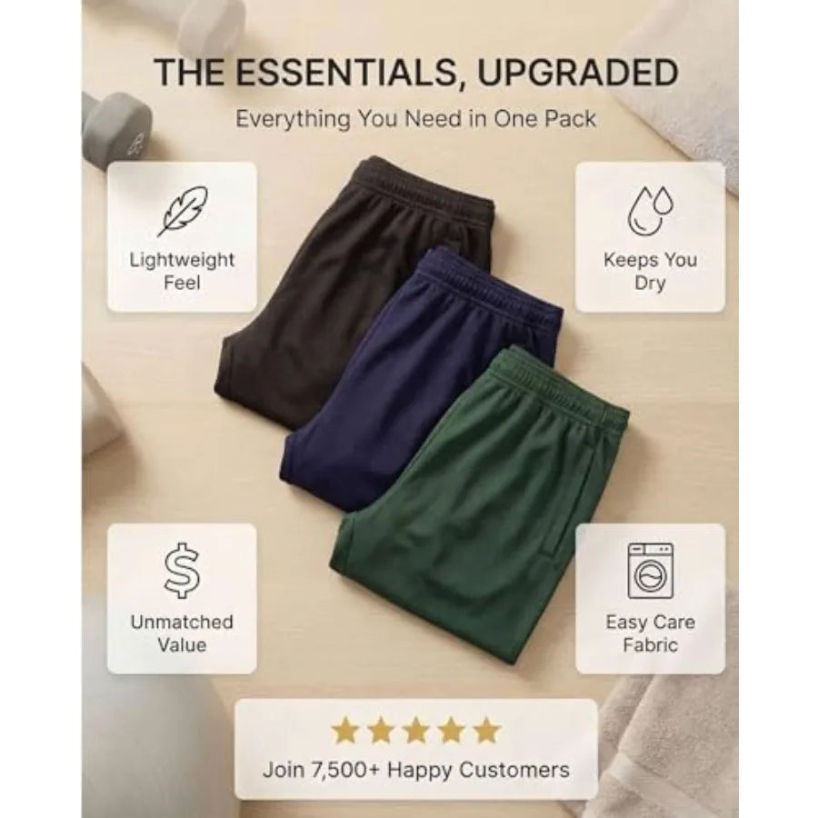 Real Essentials 3 Pack: Men's Mesh Open Bottom Sweatpants Gym Active Athletic Workout Casual Pants with Pockets