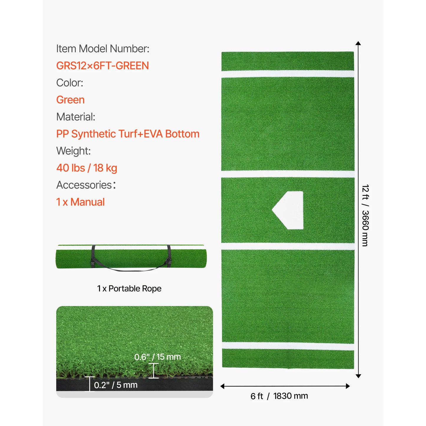 SucceBuy 10x3.8 ft/12x6 ft Baseball Hitting Turf Mat Softball Batting Practice Equipment with Home Plate Portable for Outdoor