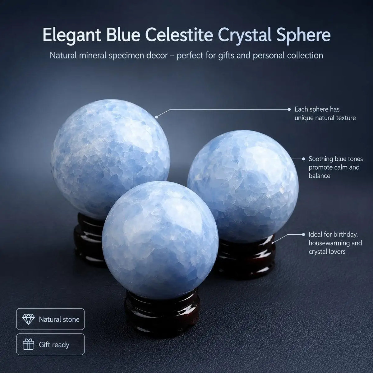 Blue crystal ball, mineral specimen, polished crystal ball, random style, suitable for home office living room decoration, is the perfect holiday gift for family, friends, and crystal enthusiasts