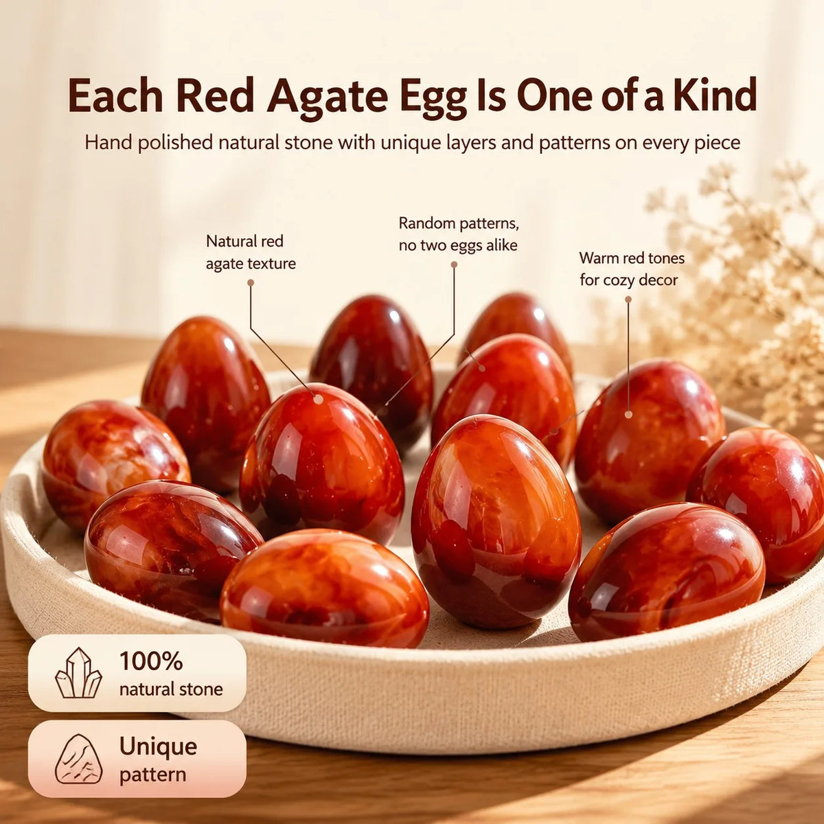 1 piece of natural red agate crystal egg, random style, polished red crystal egg, suitable for home decoration and collecting gifts. The real red agate stone has a unique marble pattern and is a gift for Easter, Christmas, an