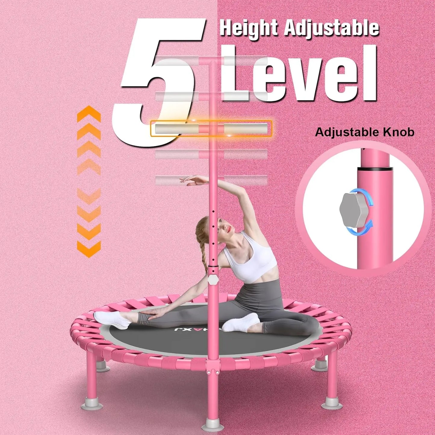 40" Foldable Mini Trampoline, 450lbs Capacity with T-Shaped Adjustable Bar for Adults & Kids, Indoor Fitness Rebounder