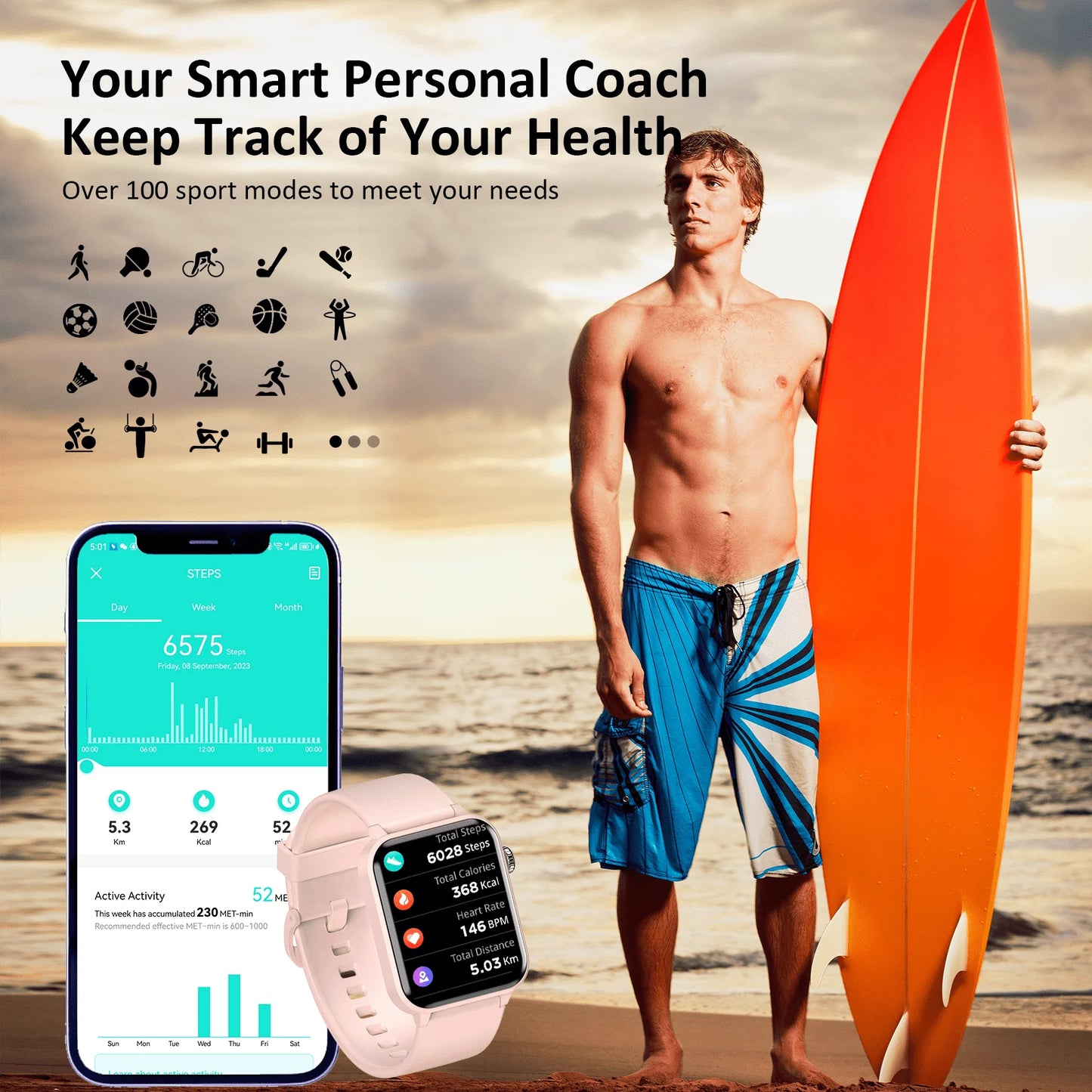 Blackview R30PRO Bluetooth Smartwatch Health Monitoring 100+ Sport Mode Fitness Watch 1.85‘’ HD TFT Screen Watches for Men Women