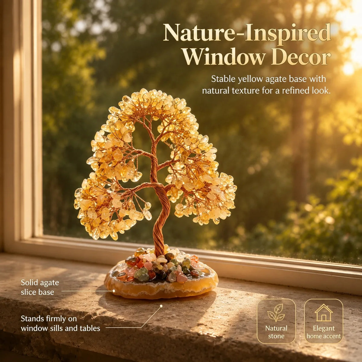 Natural high-quality yellow agate bottom crystal wealth tree, Bohemian style, suitable for home, office, living room desktop decoration, housewarming gifts, exclusive to crystal collectors