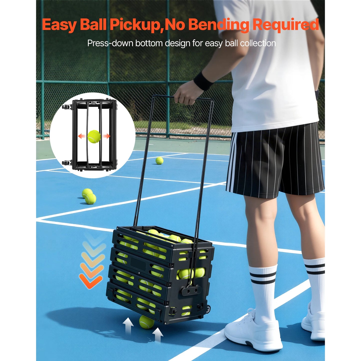 SucceBuy Tennis Ball Hopper Holds 80 Tennis Balls Portable Pickleball Collection Caddy with Wheels for Training Carrying Storage