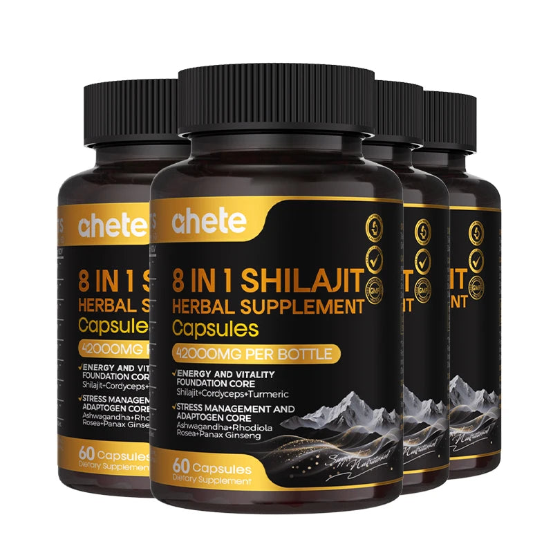 AHETE 8-in-1 Shilajit Capsules - Sports & Health Supplement Capsules With Shilajit, Indian Ginseng, Rhodiola Rosa, Cordyceps.