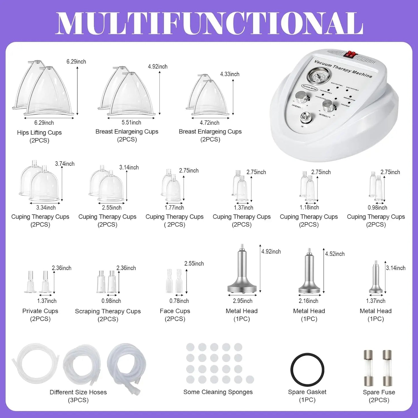 Salon Vacuum Cupping Massage Machine With 30 Multi-spec Cups 3 Separate Hoses 6 Adjustable Modes Max 70cmHg Strong Suction Relieve Back Pain Fat Reduction Anti-cellulite Body Shaping Spa Beauty Equipment